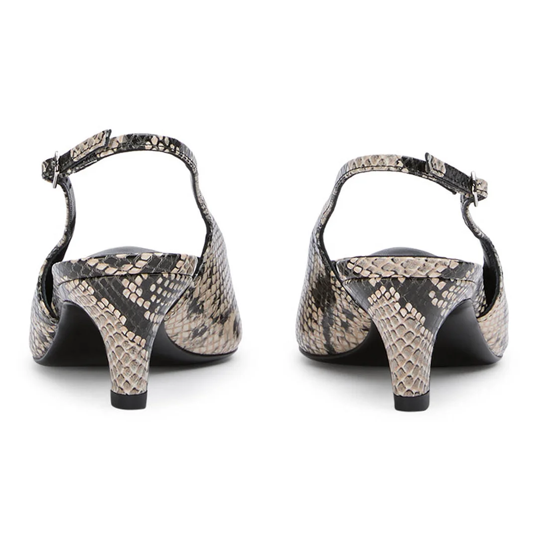YDN Pointed Toe Python Print Kitten Heel Buckle Strap Slingback Pumps