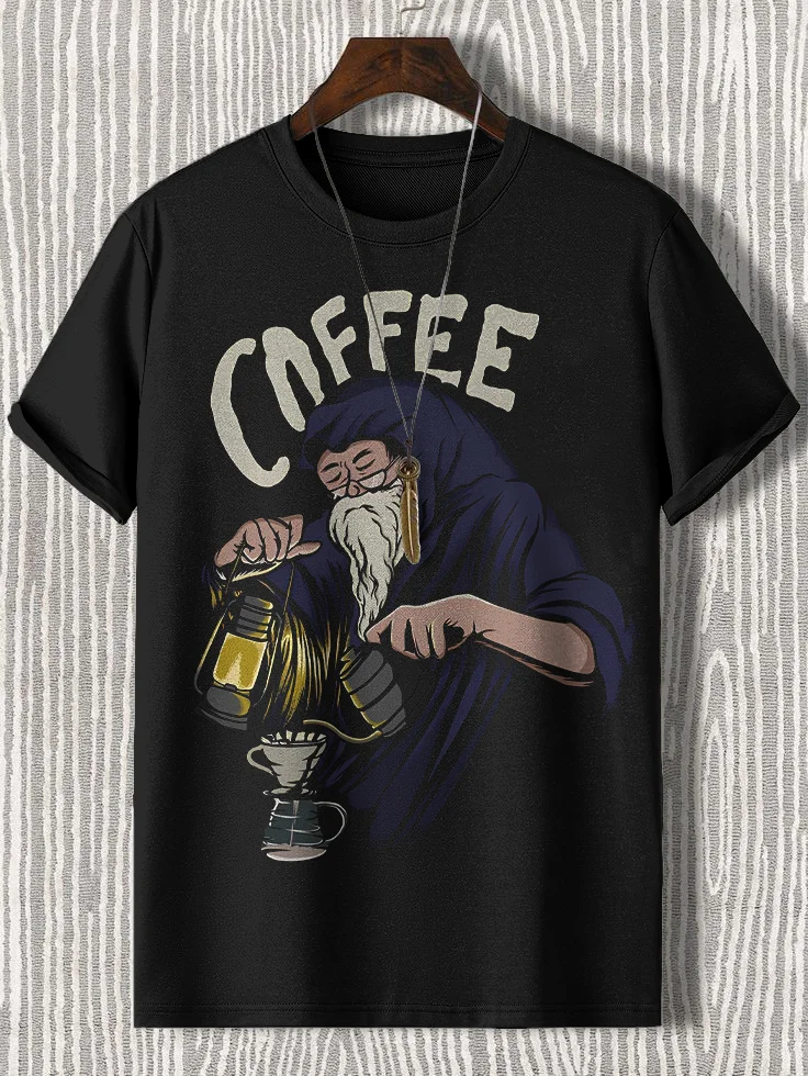 Men's Wizard Making Coffee Art Print T-Shirt