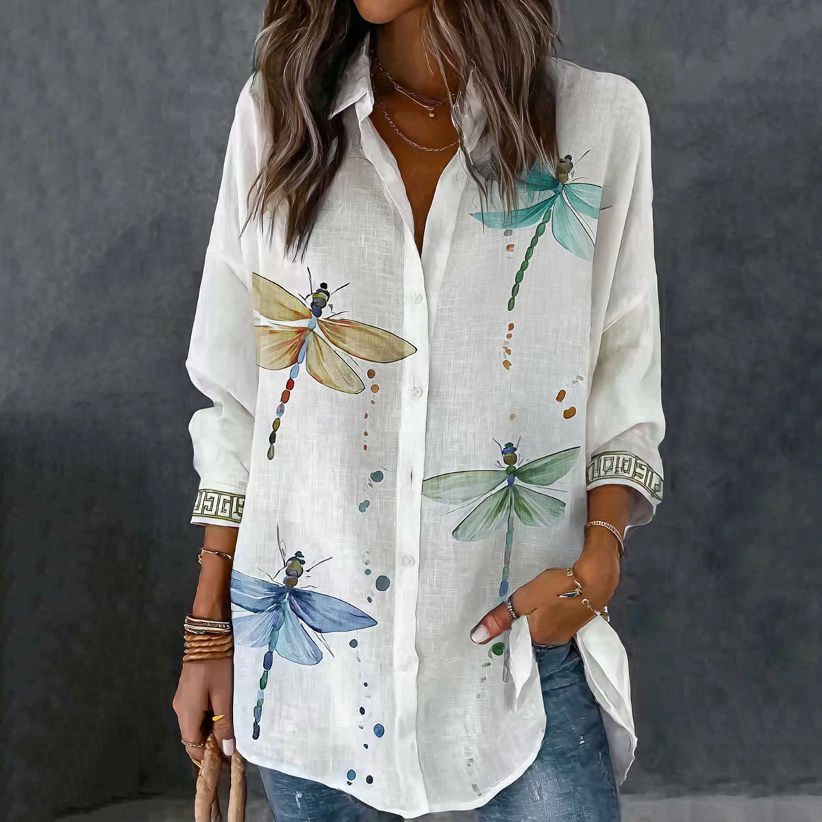 Comstylish Retro Dragonfly Pattern Linen Long Sleeve Tops