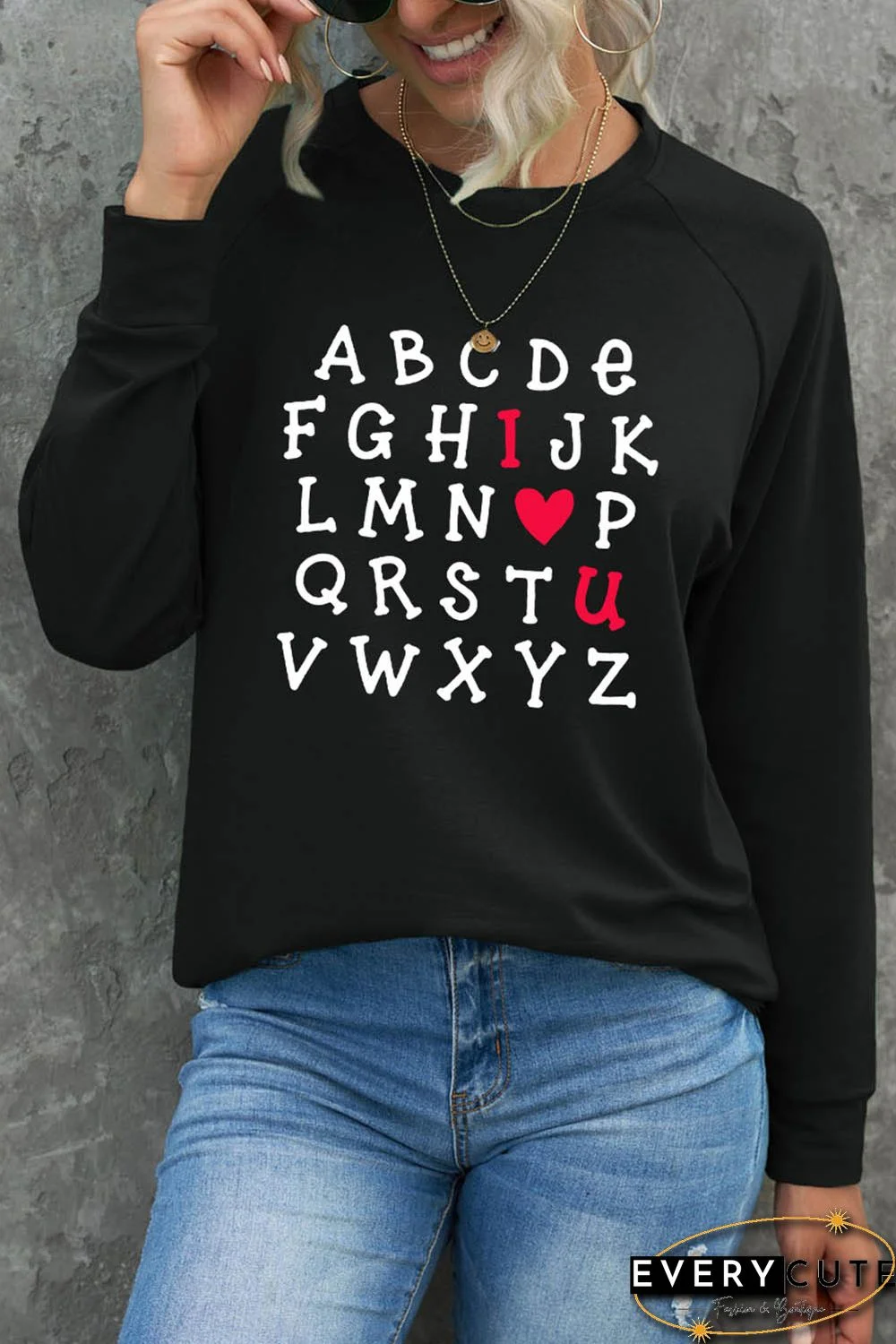 Valentine Letter Heart Print Long Sleeve Graphic Sweatshirt