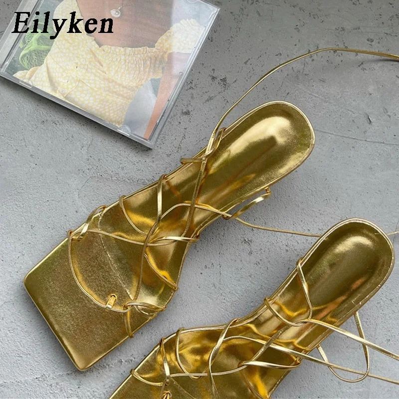 Eilyken Fashion Women Sandals Thin Low Heel Lace Up Rome Sandal Summer Gladiator Casual Sandal Narrow Band Shoes Big Size 40