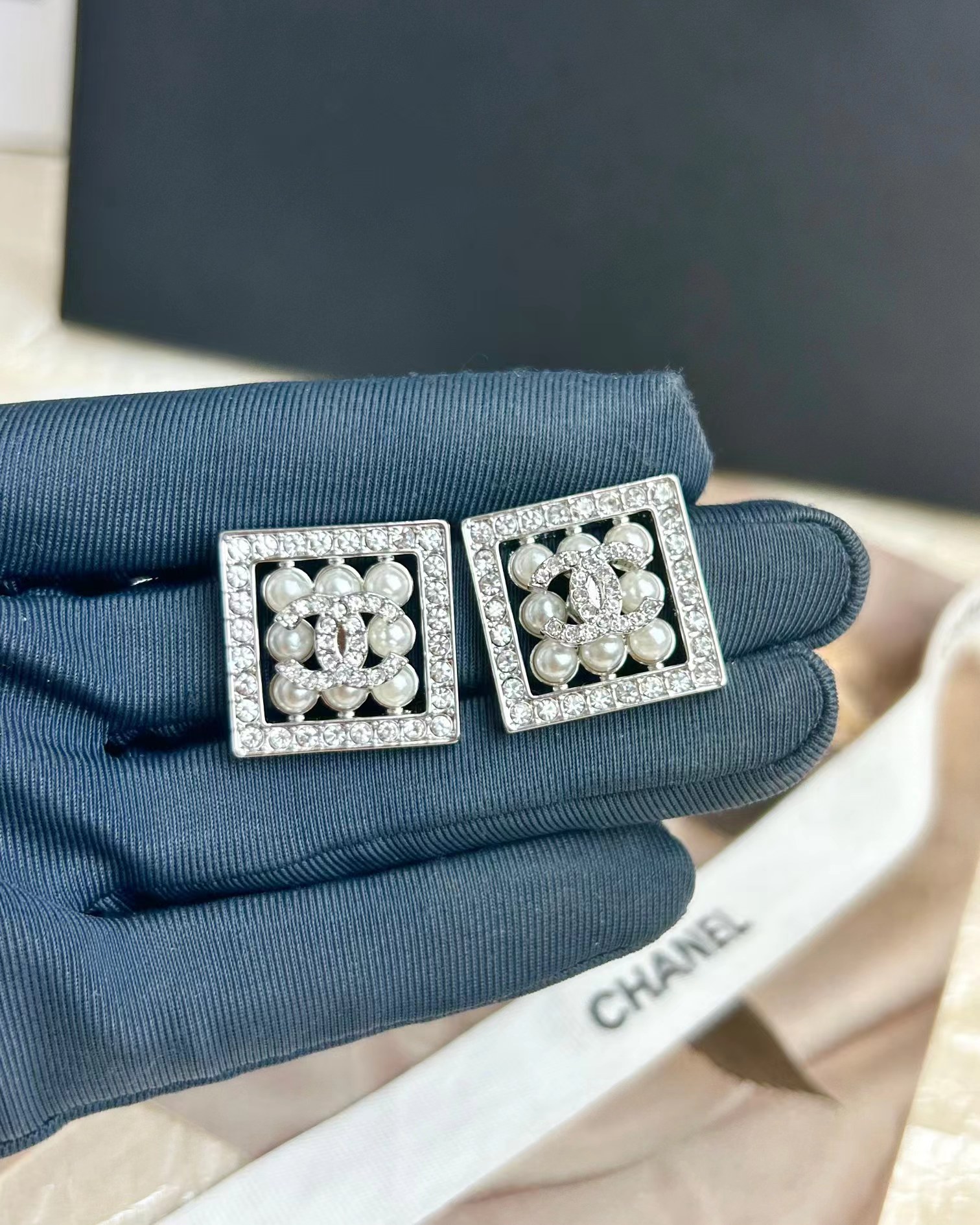 Buy replica Chanel Square Diamond and Pearl Earrings and replica jewelry from PICKS Jewelry