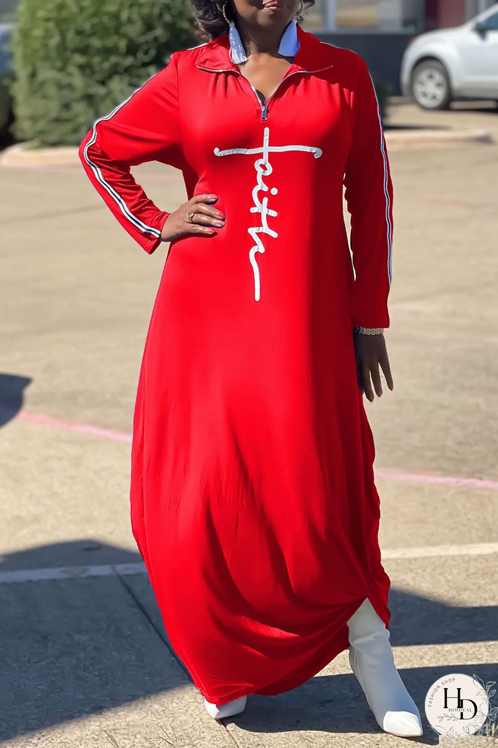 Red Casual Print Split Joint Zipper Turndown Collar Straight Dresses