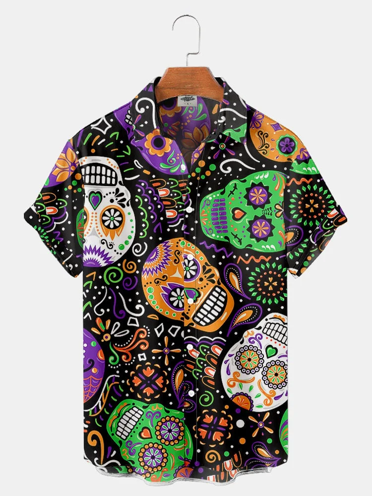 Day Of The Dead Skull Print Casual Lapel Shirt