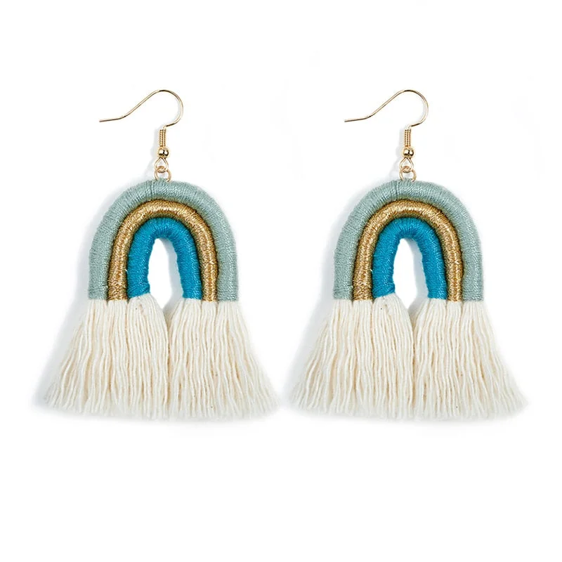 Dvacaman Bohemian Rainbow Handmade Macrame Earrings for Women Cotton Thread Feather Fringe Tassel Dangle Earrings Ethnic Jewelry