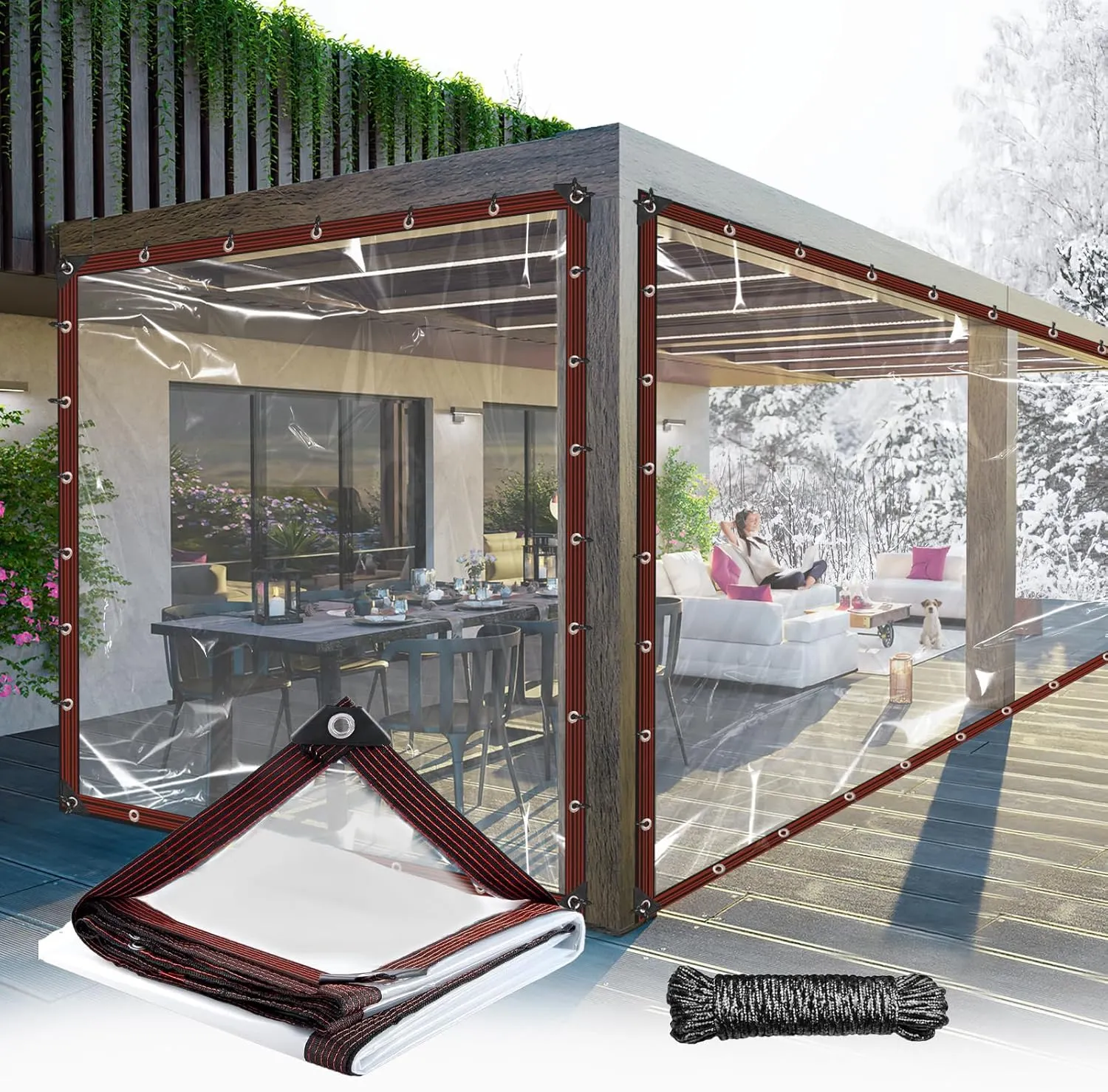 Heavy-duty clear waterproof tarp protecting an outdoor patio