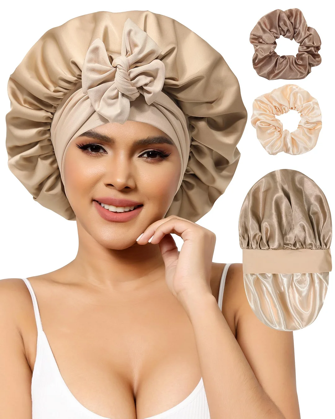 Double Layered Satin Night Caps Hair Care Bonnet Sleeping Hat Shower Caps for Women Nightcap With Elastic Tie Band