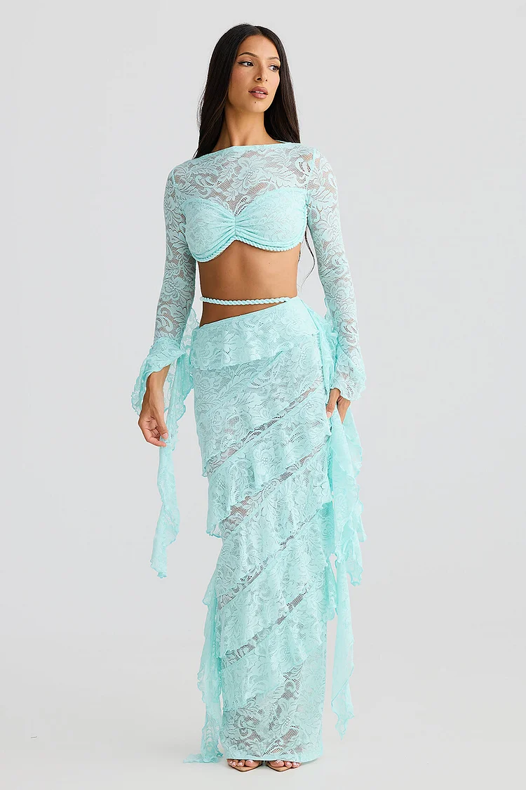 Lace Long Sleeve Crop Top Ruffled Maxi Skirt 2pcs Set-Blue [Pre Order]