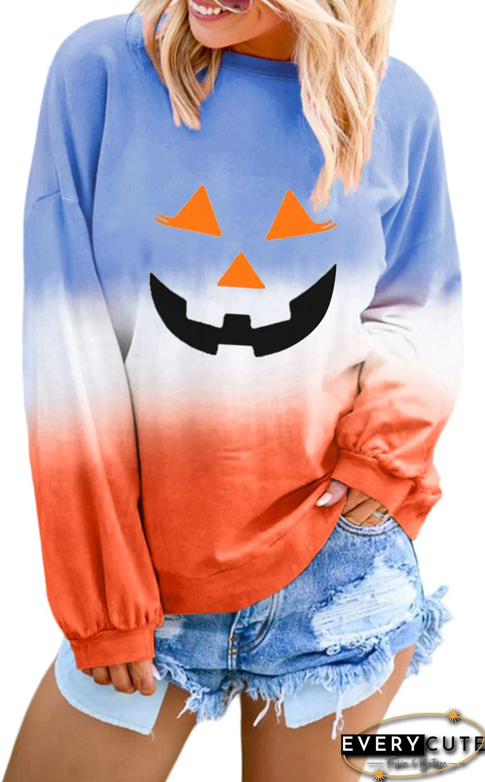 Orange Ombre Color Block Halloween Pumpkin Sweatshirt