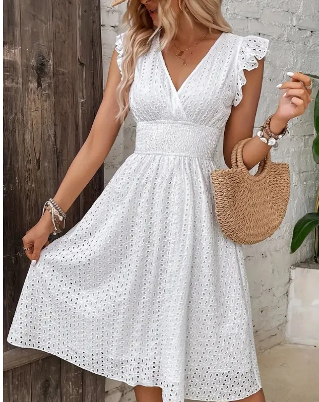 Women's 2024 Boho Dress V Neck Flare Sleeve Elastic Waist Beach Midi Dress