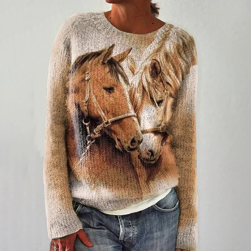 Autumn Winter Cute Horse Watercolor Print Casual Knit Pullover Sweater