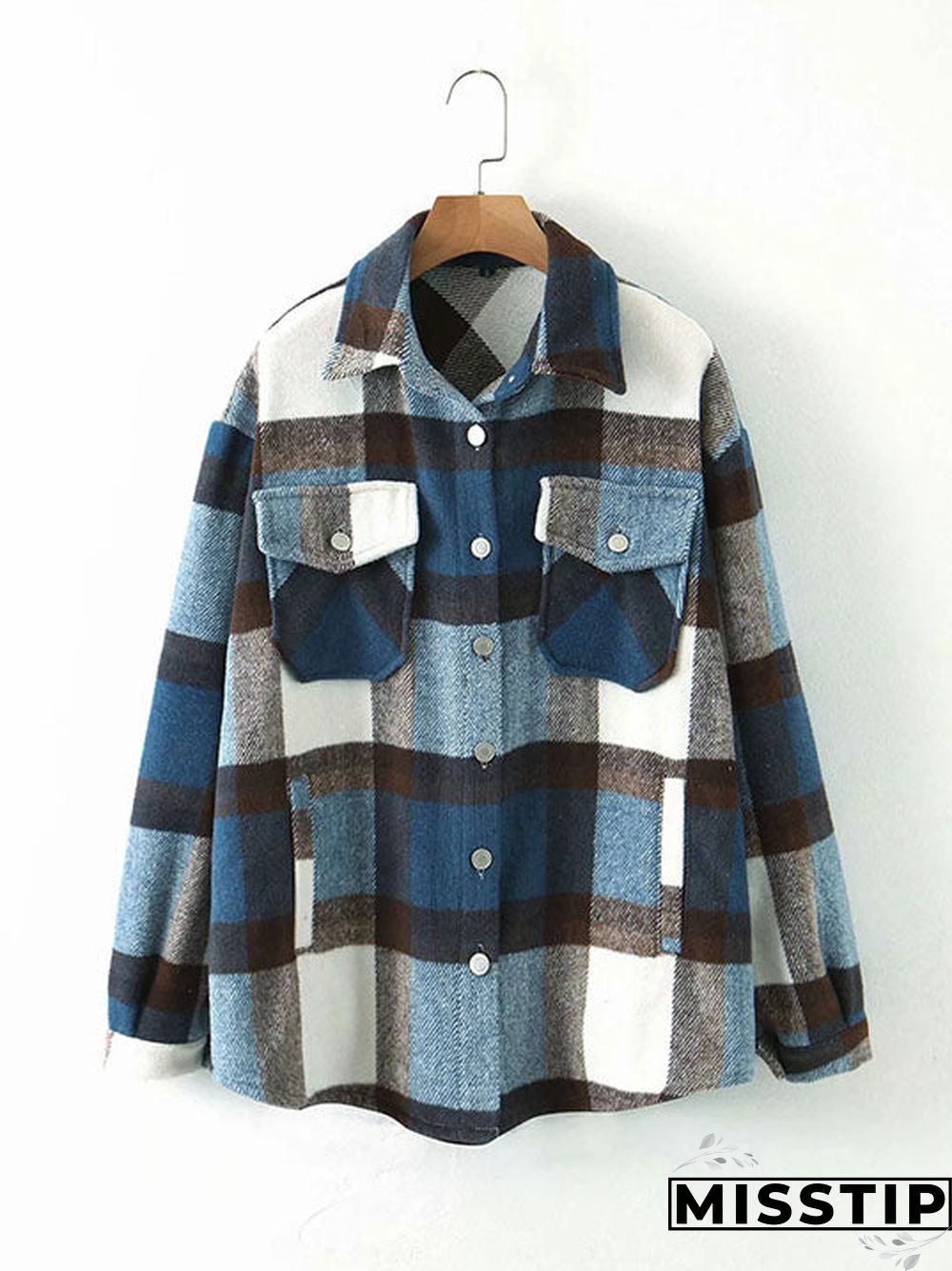 Classic Thick Colorblock Checked Button Down Shirt Jacket Woolen