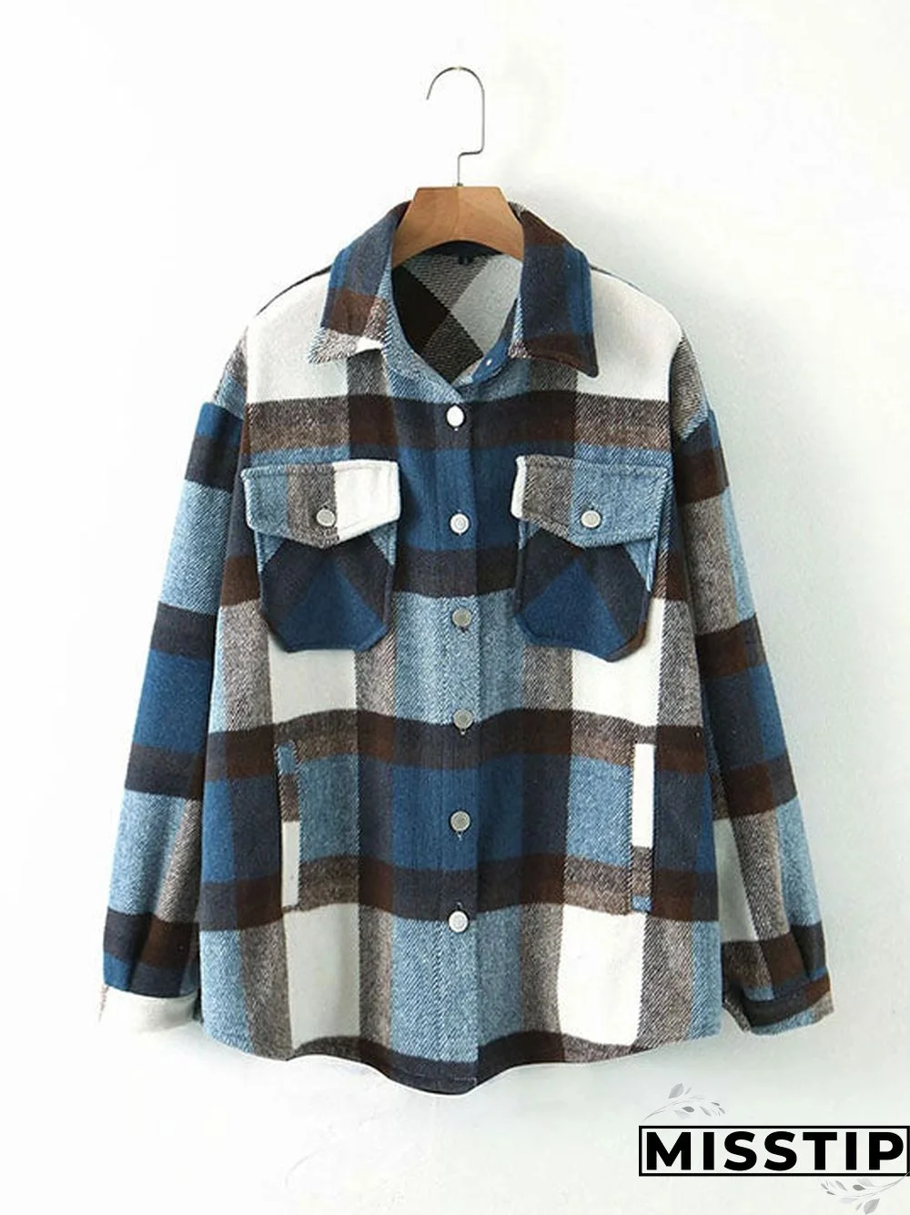 Classic Thick Colorblock Checked Button Down Shirt Jacket Woolen