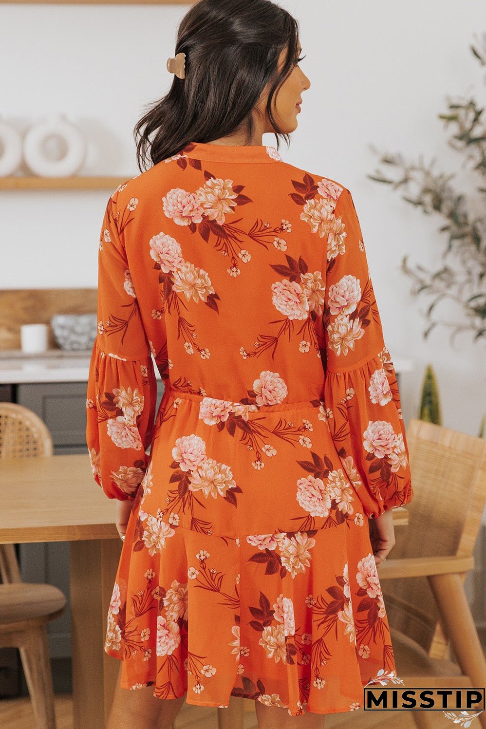 Vintage Floral Print Drawstring Flowy Dress