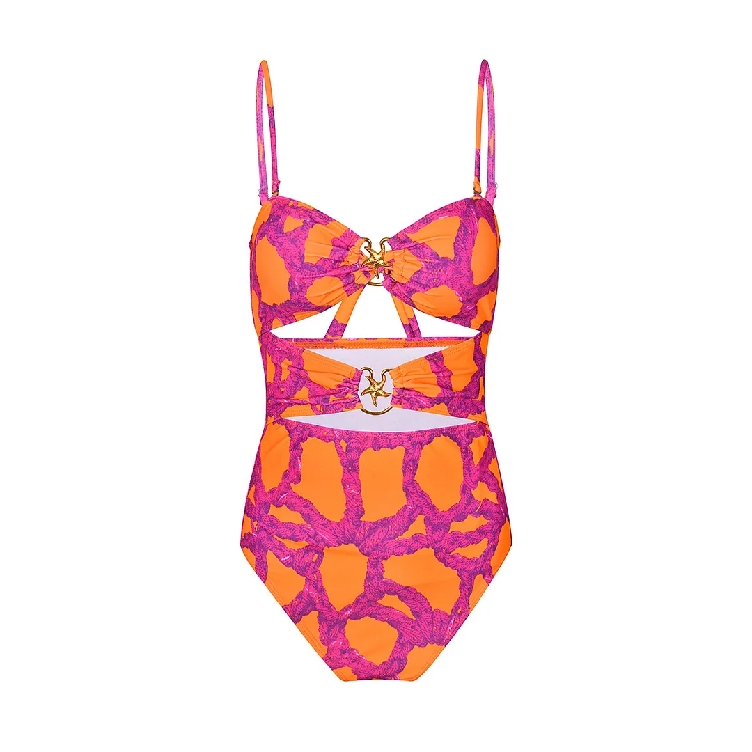 Brownm New Hollowed-In-Joined Swimsuit Women 2025 New Swimwear Jersey Two-Set Print