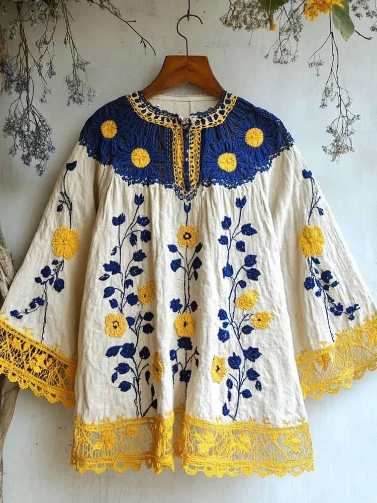 Vintage Folk Floral Embroidered Lace Linen Blend Cozy Shirt