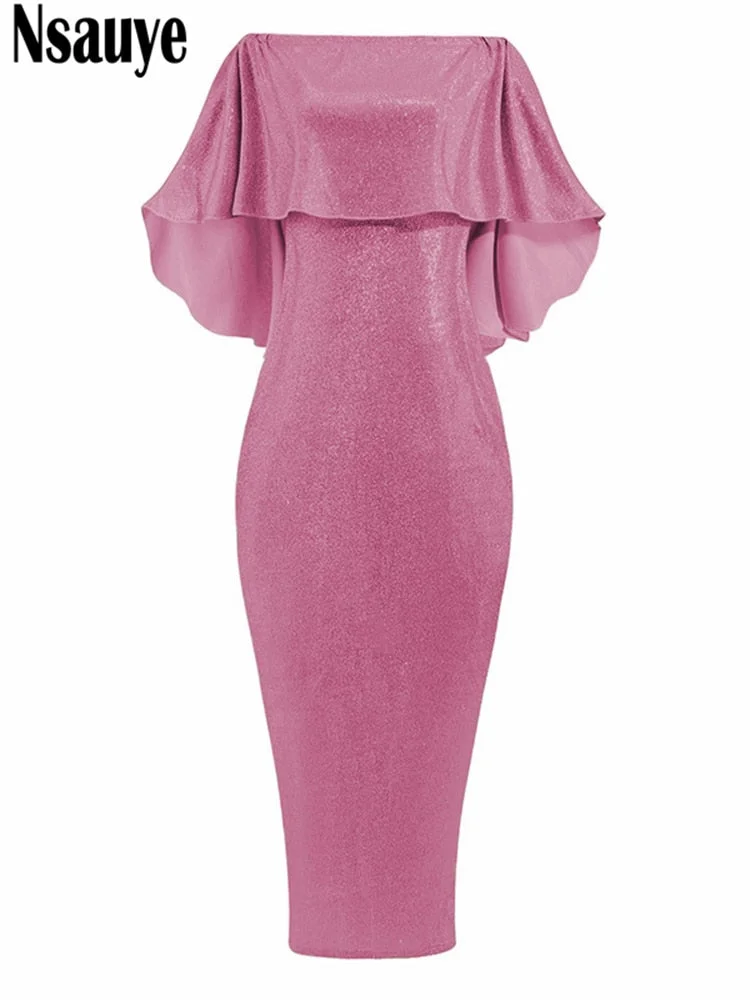Nsauye 2022 Bling Glitter Elegant Party Evening Maxi Dress Y2K Bodycon Sexy Women Summer Off Shoulder Ruffles Solid Long Dresses