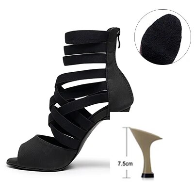 VCshoes Woman Latin Ballroom Black Modern Dance Shoes Suede Rubber Sole Jazz Salsa Cuban Slim Heels Ladies Open Toes Stiletto