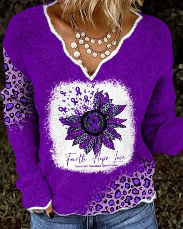 Faith Hope Love Domestic Violence Awareness Sunflower Leopard Print Knit Tops
