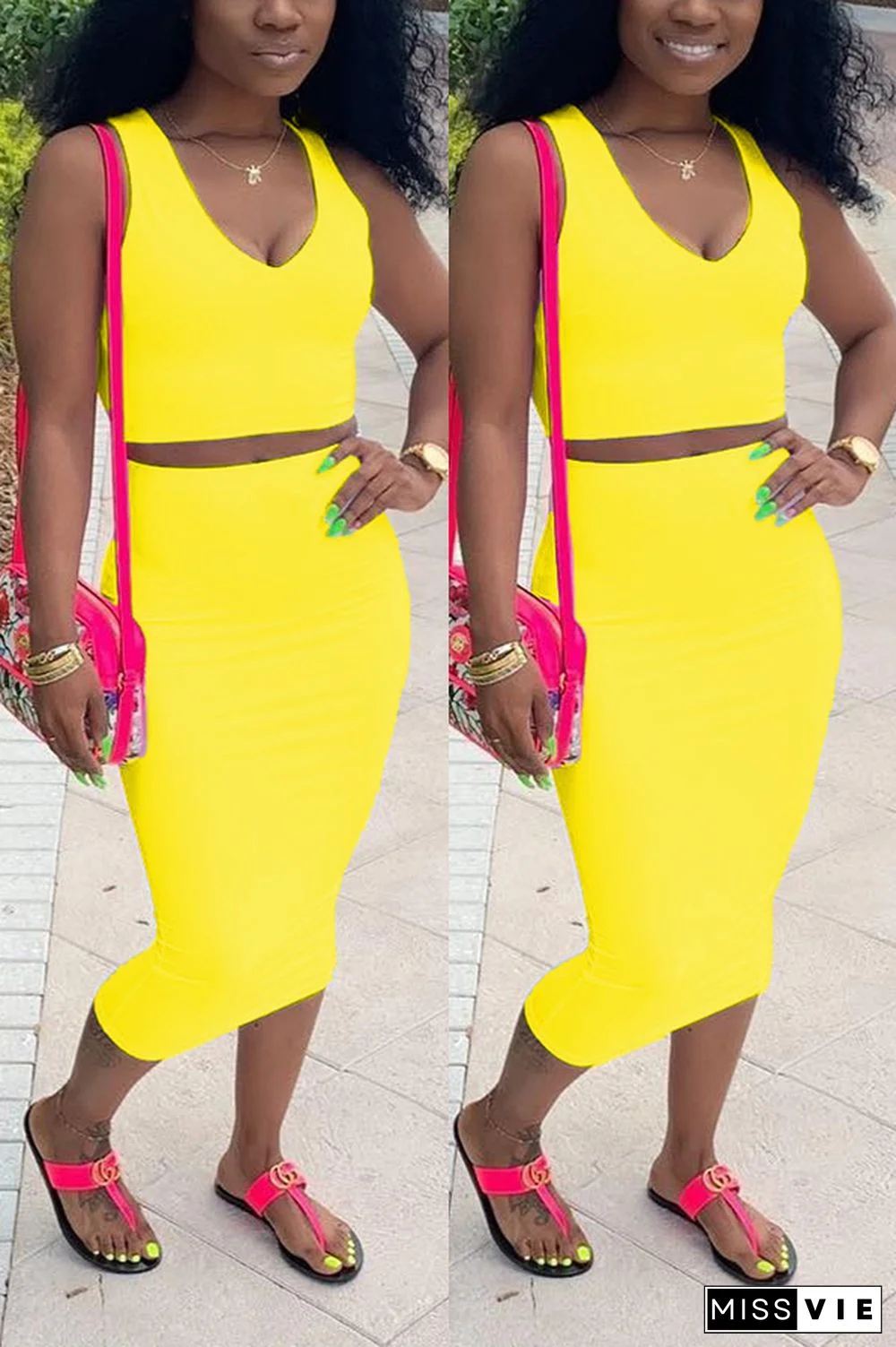 Yellow Sexy Fashion Patchwork Solid A-line skirt Two-Piece Dress