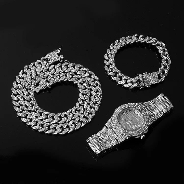 13MM 3pcs Watch+Bracelet+Cuban Link Chain Necklace Hip Hop Iced Out Jewelry Set-VESSFUL