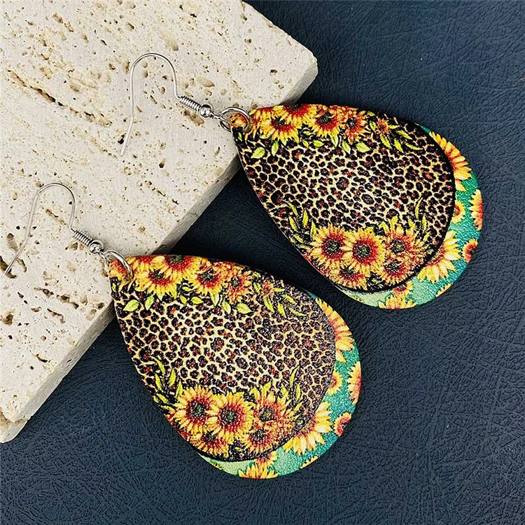 Casual Yellow PU Leather Leopard Sunflower Floral Print Earrings  Flycurvy [product_label]