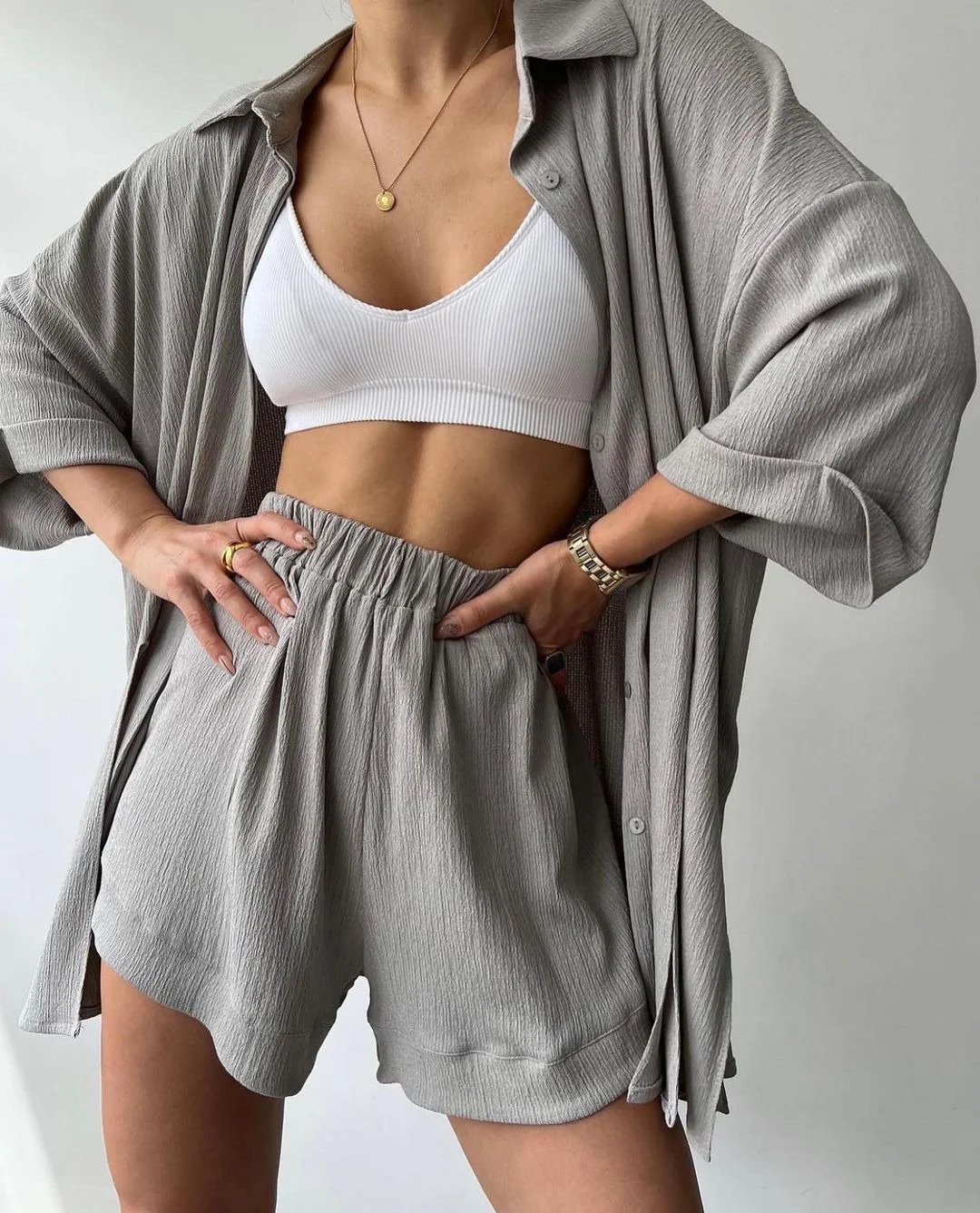 Nigikala Nigikala New Personalized Open Fork Mid-Sleeve Shirt Shorts Set