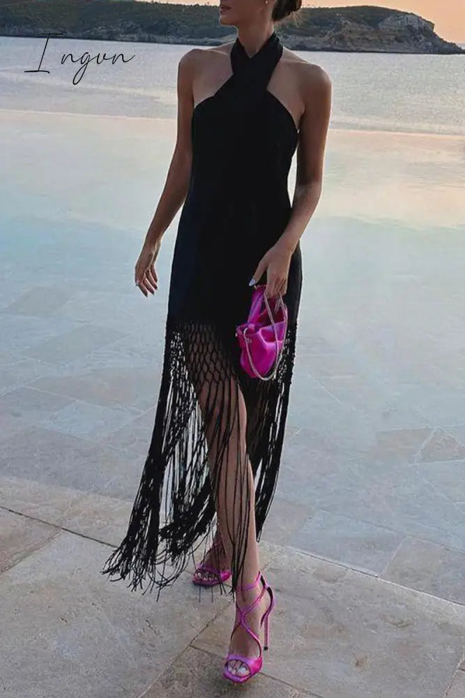 Ingvn - Sexy Solid Tassel Halter Sleeveless Dress Dresses Black / S Dresses/Casual