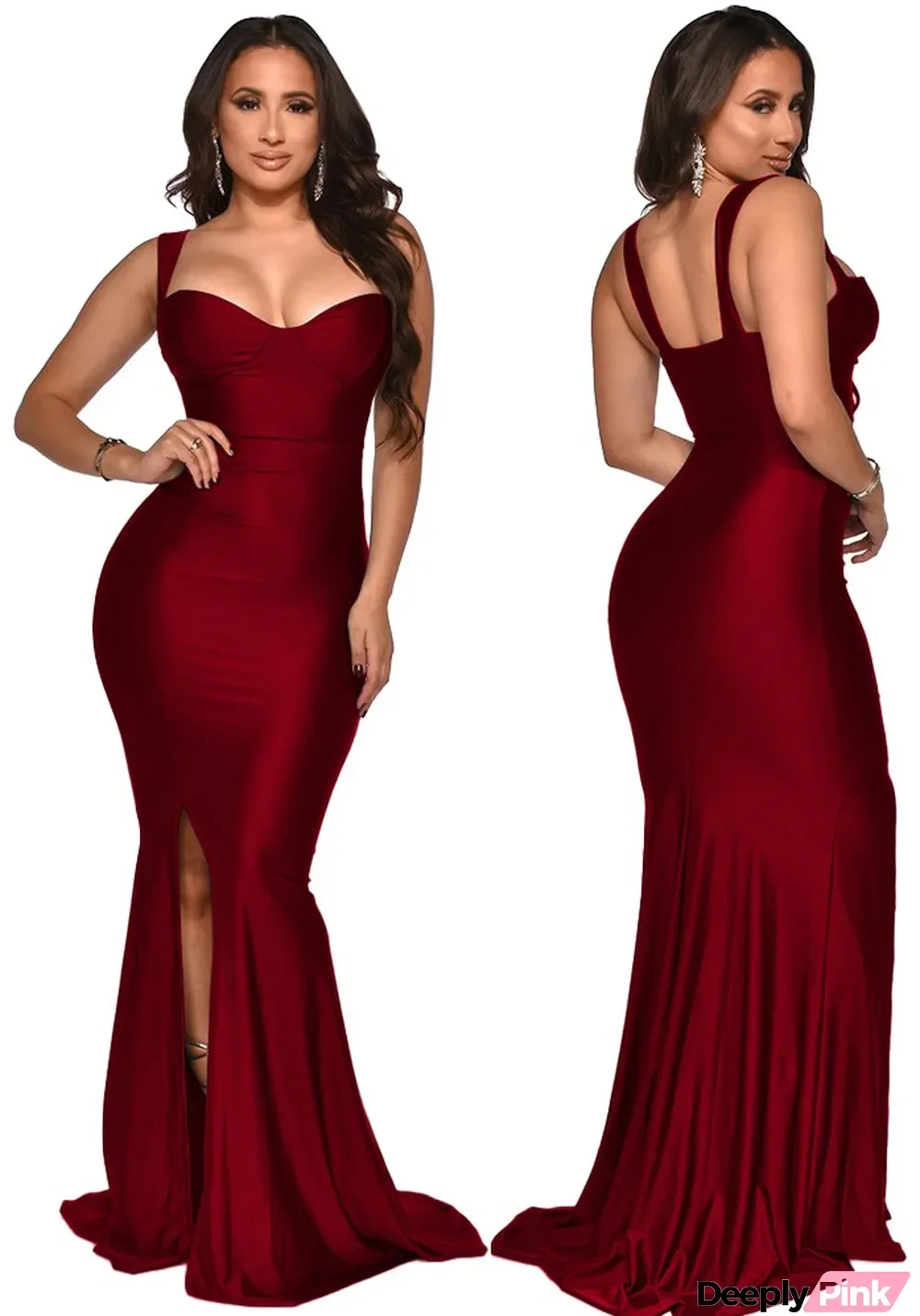 Women Summer Burgunry Formal Strap Sleeveless Solid Silt Evening Dress
