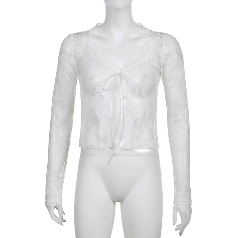 Sweetown 2000s Kawaii New Lace Cardigan Tops Women See Through Sexy Mesh T-Shirt Tie V Neck Long Sleeve Cute Aesthetic Tee White