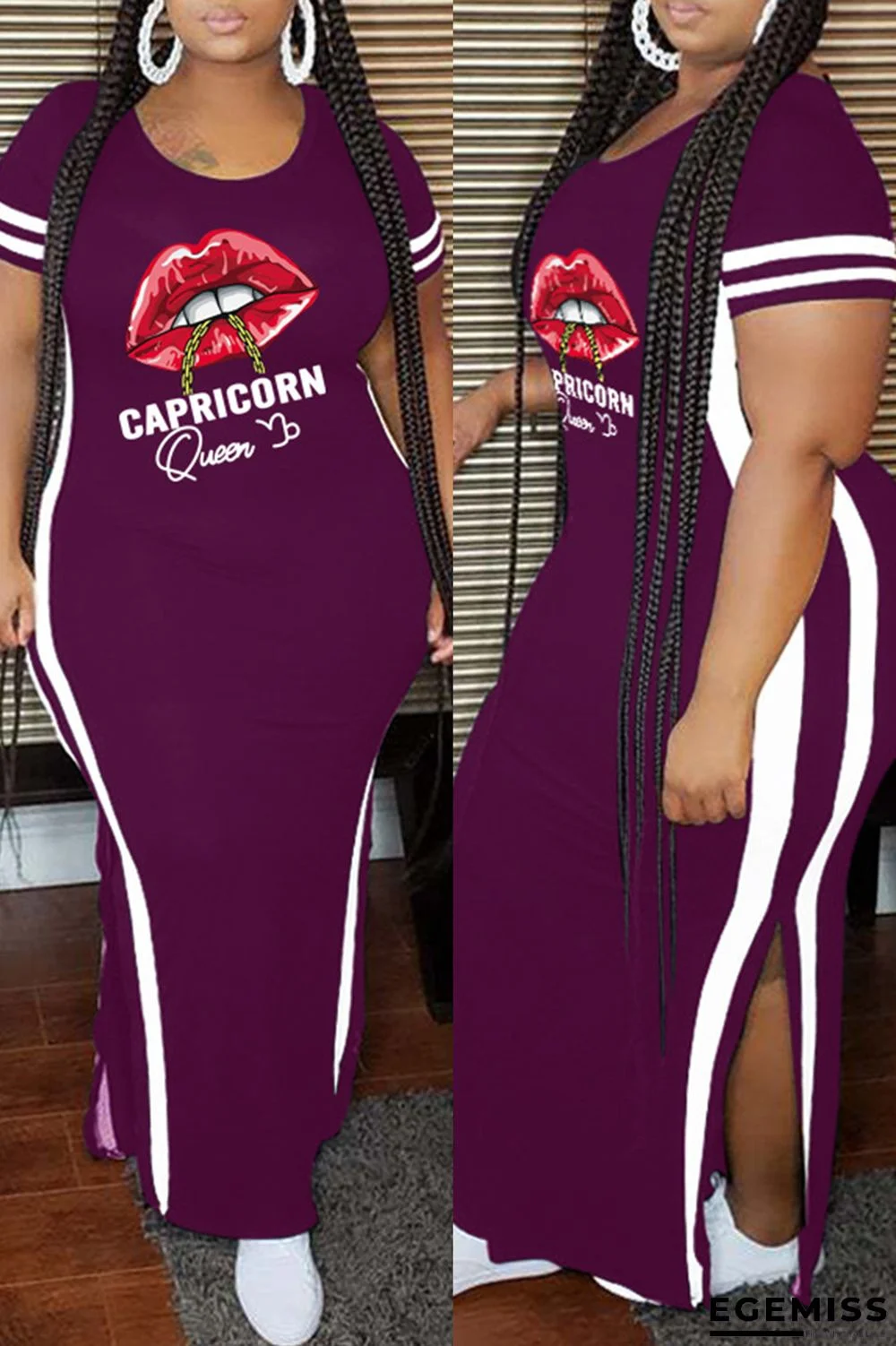 Purple Fashion Casual Plus Size Lips Printed Patchwork Slit O Neck Short Sleeve Dress | EGEMISS