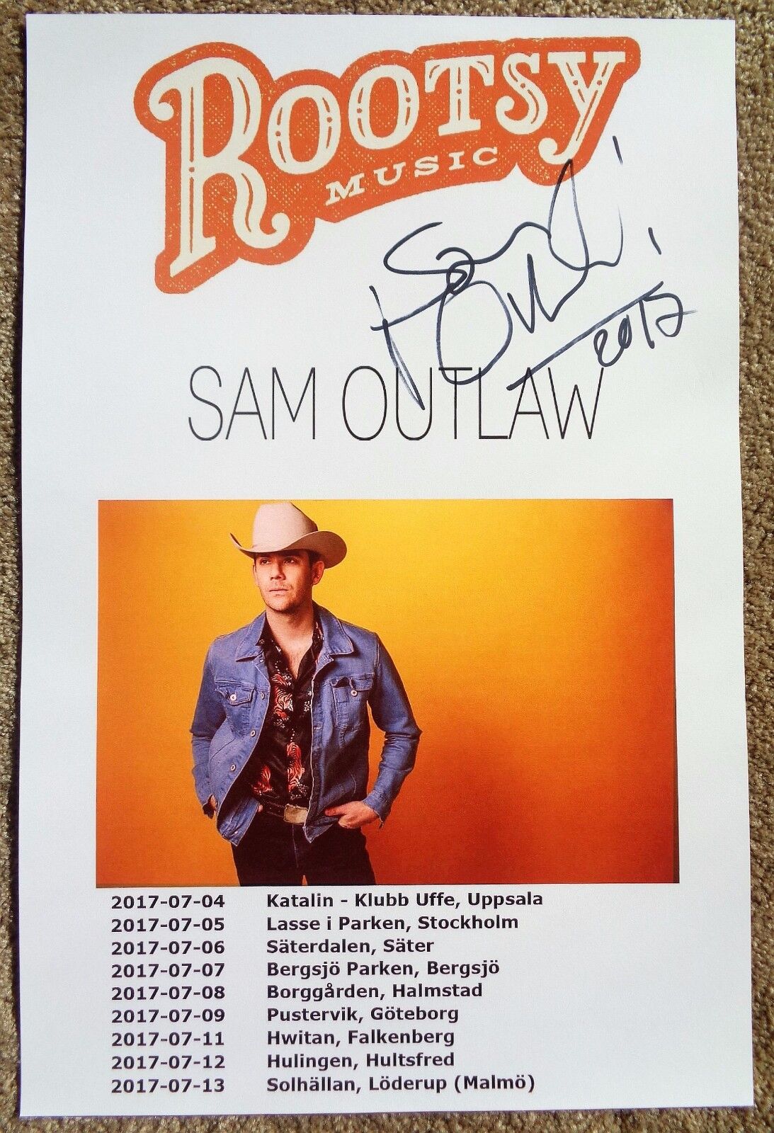 Signed SAM OUTLAW Tour POSTER In-Person Concert Autograph Gig Concert