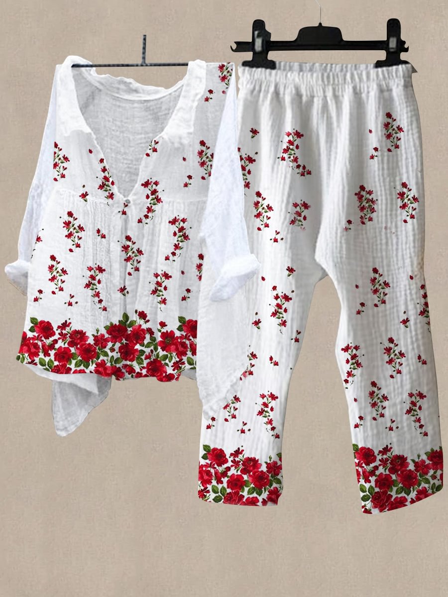 Women's Rose Print Shirt Collar Top And Casual Pants Linen Two Pieces