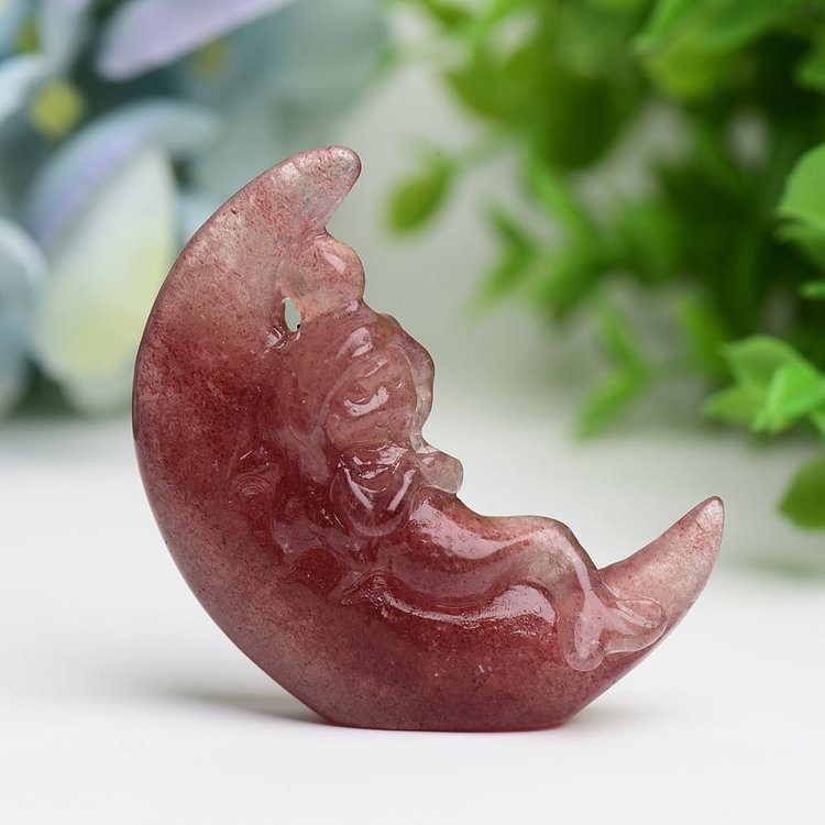 2.1" Moon with Fairy Crystal Carving Free Form   Strawberry Quartz Blue Opalite Sodalite Fluorite Green Aventurine Black Obsidian Opalite