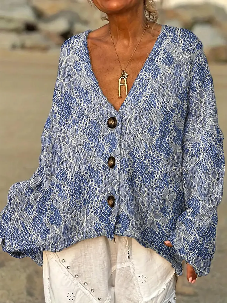 Women's Vintage Floral Art Print Casual Pullover Sweater