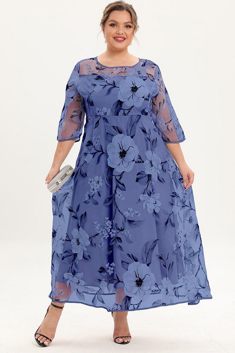 Flycurvy Plus Size Mother Of The Bride Blue Floral Print Mesh Layered A Line Tunic Maxi Dress  Flycurvy [product_label]