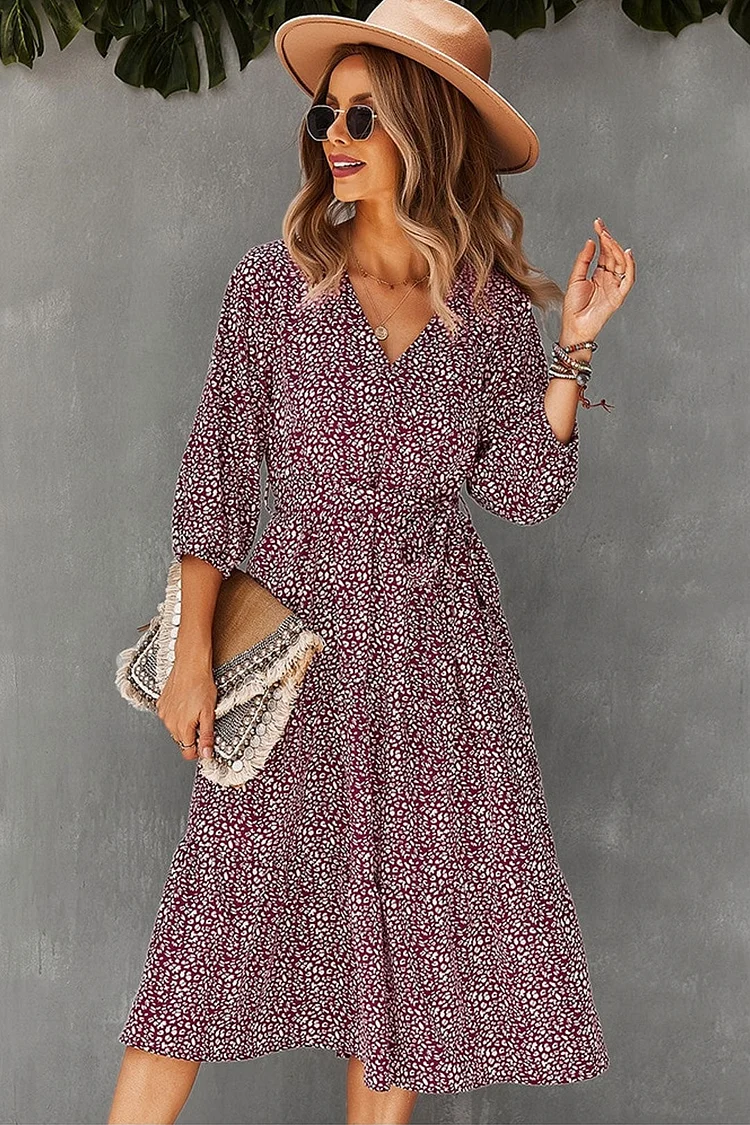 Luditu Midi Dress, Autumn Dress, Olive Tiger in Burgundy