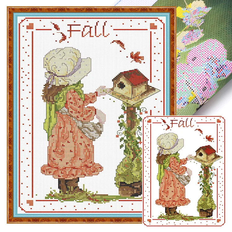 Joy Sunday- Girl's back - autumn- 14CT - 2 Strands Threads Printed Cross Stitch - 28*39cm(Canvas)