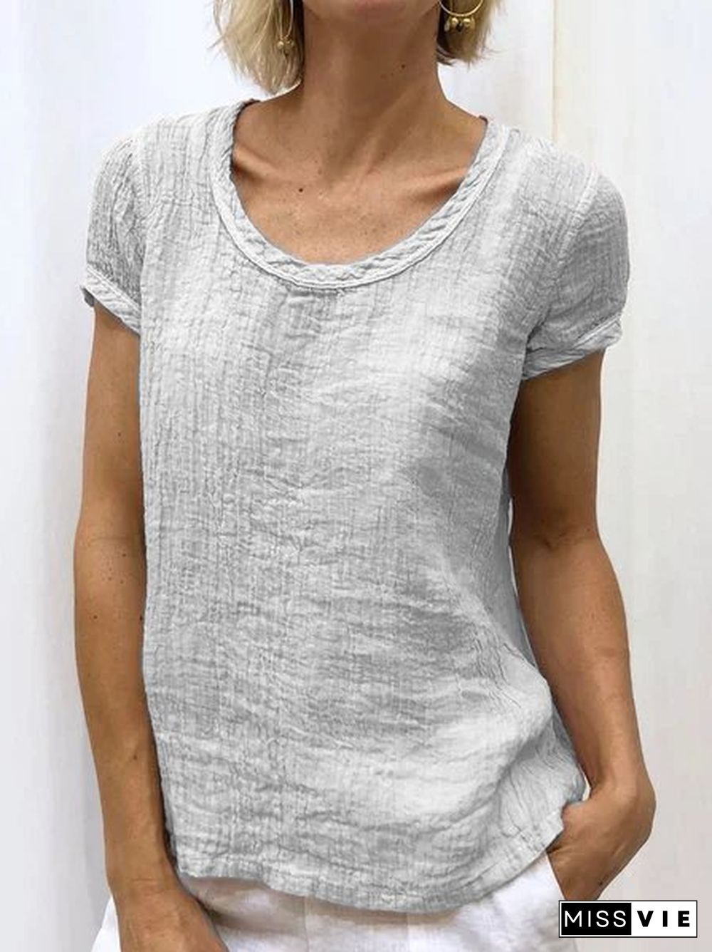 Women Casual Linen Cotton Plain Short Sleeve Blouses