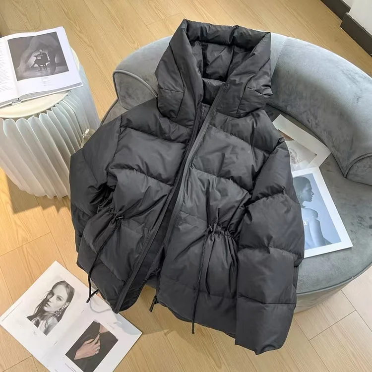 New Autumn Winter Women Fashion Hooded 90% White Duck Down Coat Lady Slim Thick Warm Zipper Drawstring Lace-up Snow Jacket