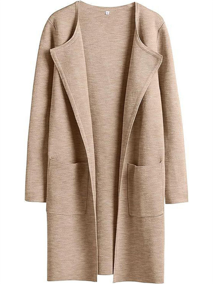 Casual Loose Temperament Commuter Women's Fashion Lapel Tweed Solid Color Long-sleeved Coat Tops Female Cardigan Jacket-JRSEE