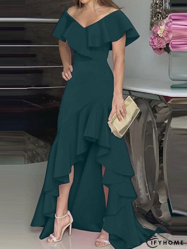 Party Dress Maxi long Dress Green Black Wine Fuchsia Dark Blue Short Sleeve Pure Color Ruffle Plus High Low Fall Spring V Neck Elegant Formal Party S M L XL XXL 3XL 4XL 5XL for Women | IFYHOME