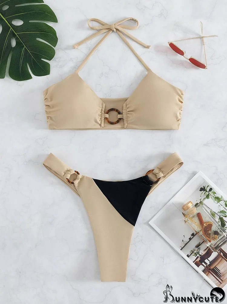 Colorblock Halter Lace-up Bikini Set