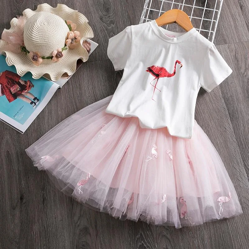 2021 Toddler Girl Kids Set 2 Piece Girl Set Dresses Party Little Girl Clothes for Flamingo Girls Dress Summer Clothing 7 Years