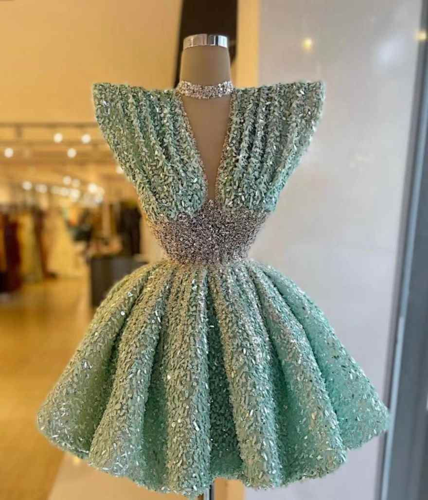 Oknass V Neck Sleeveless A Line Short Prom Dress With Pleated Sequins