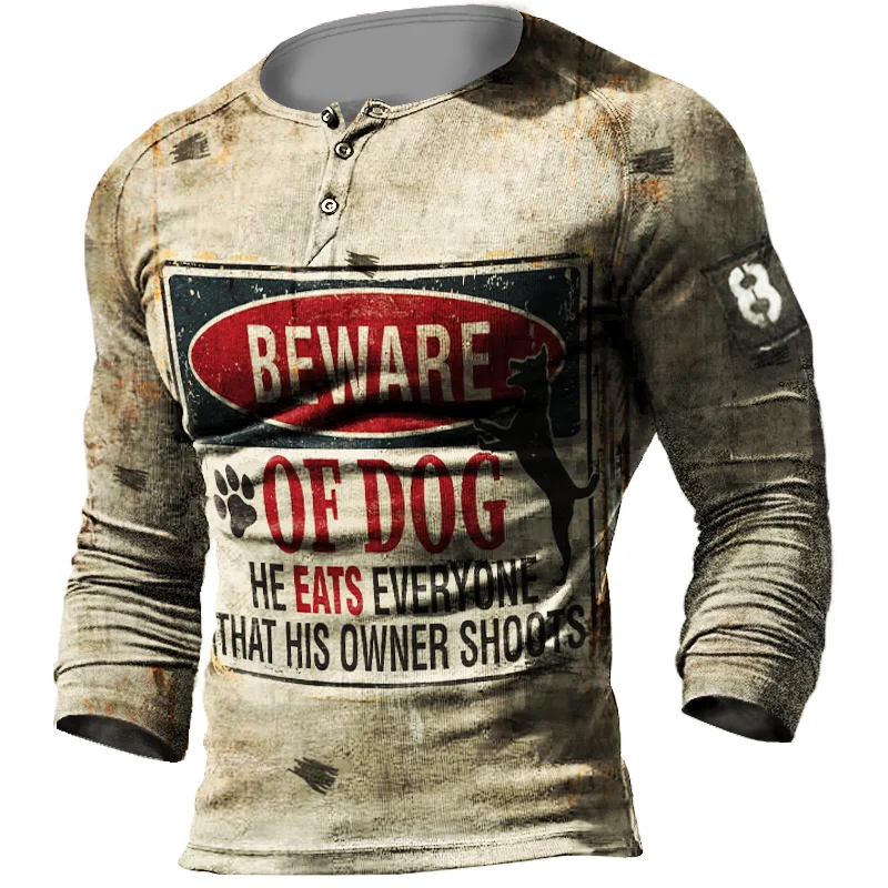 Men's Beware of Dog Retro Tactical Casual Henley Shirt / [viawink] /