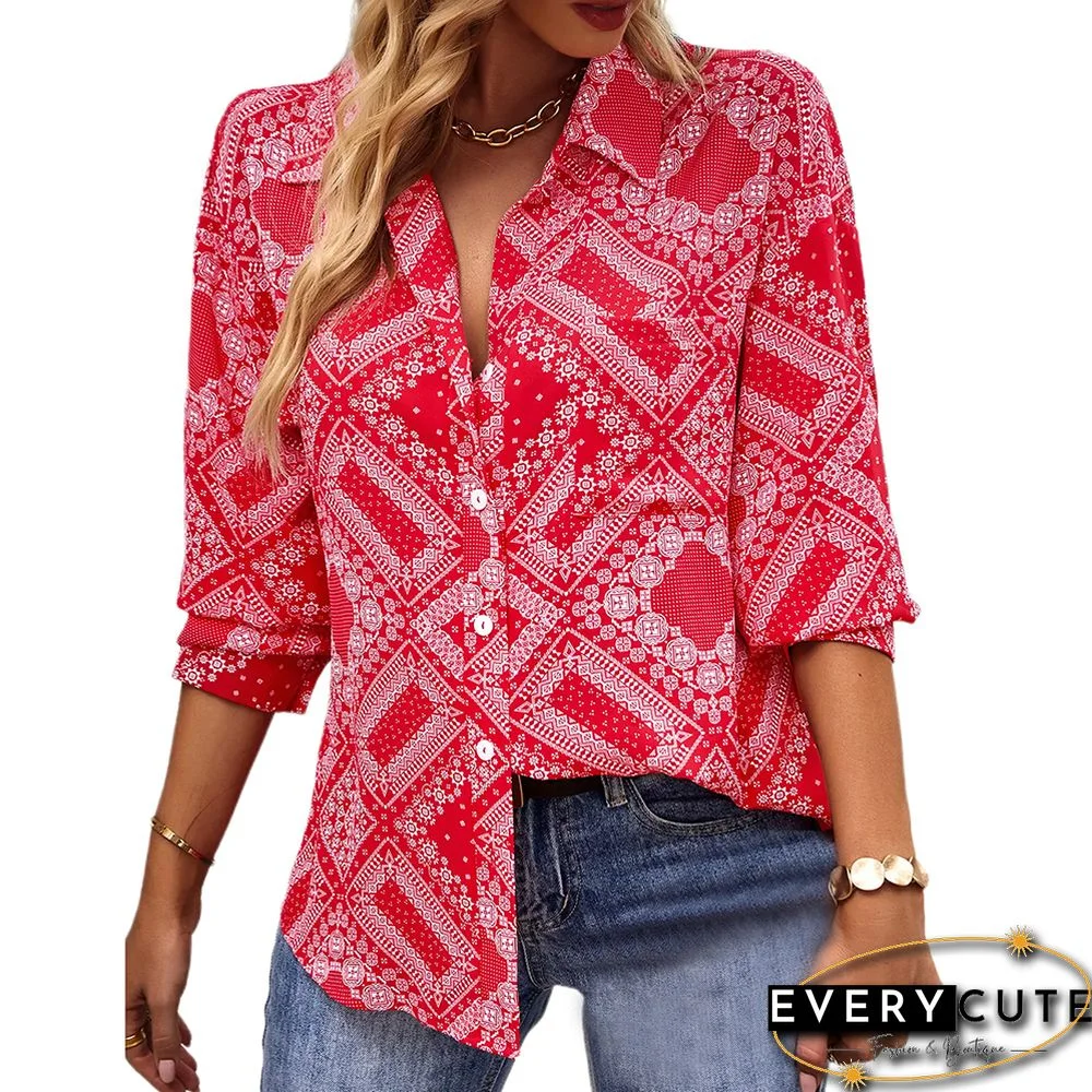 Red Digital Print Button Pocket Shirt