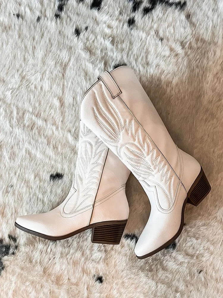 Embroidered Pointy Wide Mid Calf Western Boots