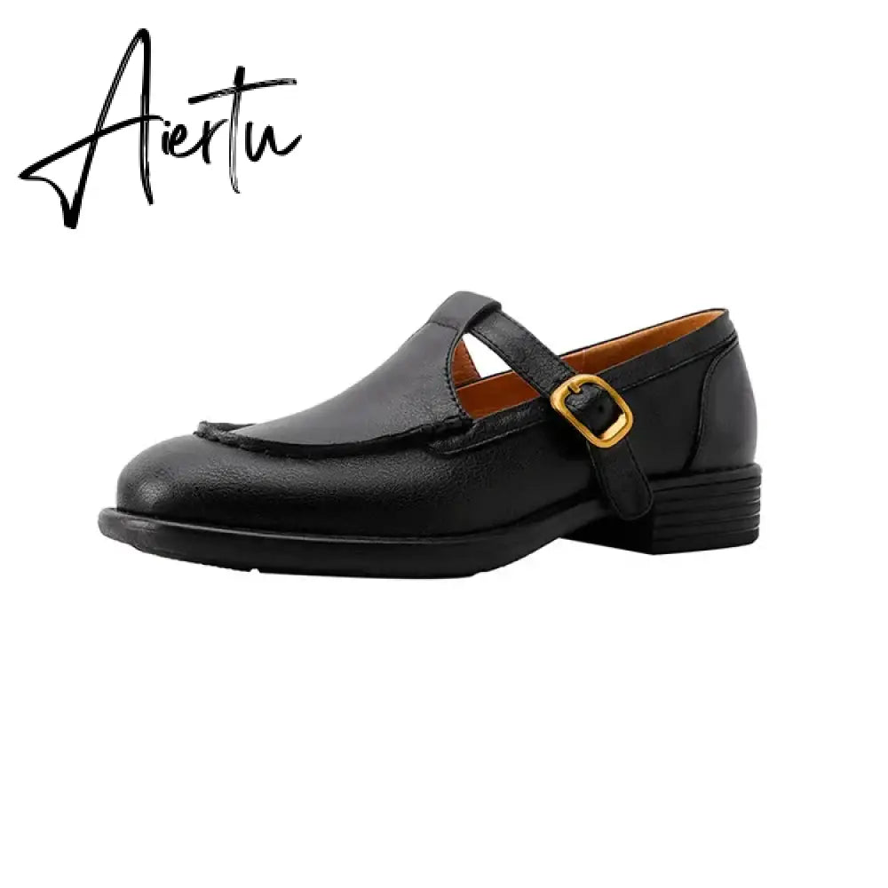Aiertu NEW Spring Women's Pumps Genuine Leather Shoes for Women Round Toe Chunky Heel Shoes Retro Low Heel Mary Janes Retro Brown Shoes Aiertu