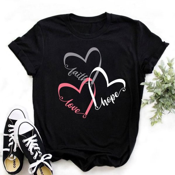 Women's Fashion Printed Faith Hope Love Print T-shirts Summer Casual Loose Round Neck Creative Personalized T-shirts - BlackFridayBuys